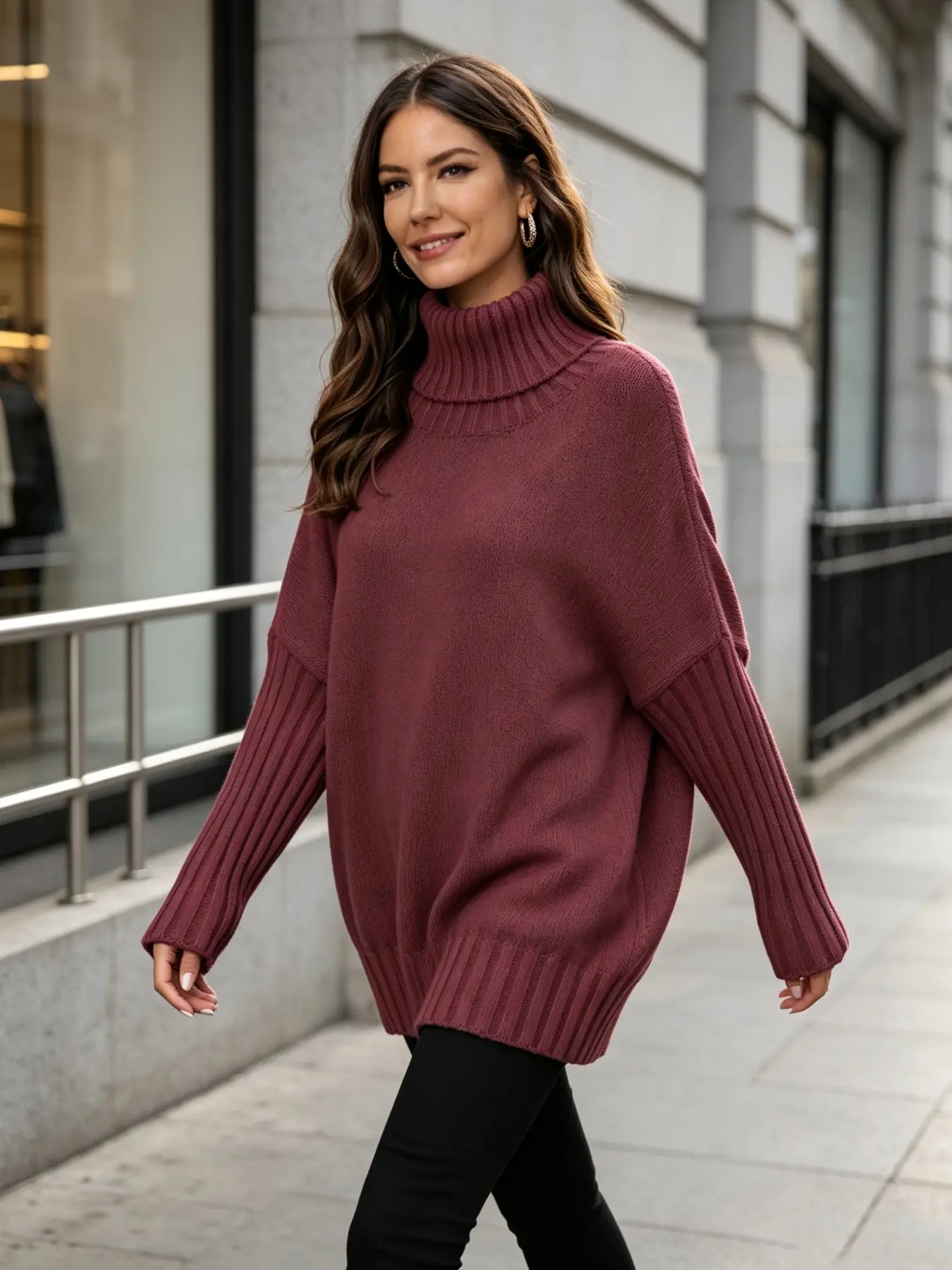 Street Style Oversized Batwing Turtleneck Solid Sweater, Thick Ribbed Knit Fabric, Daily London New York Fall Winter Casual Outfit