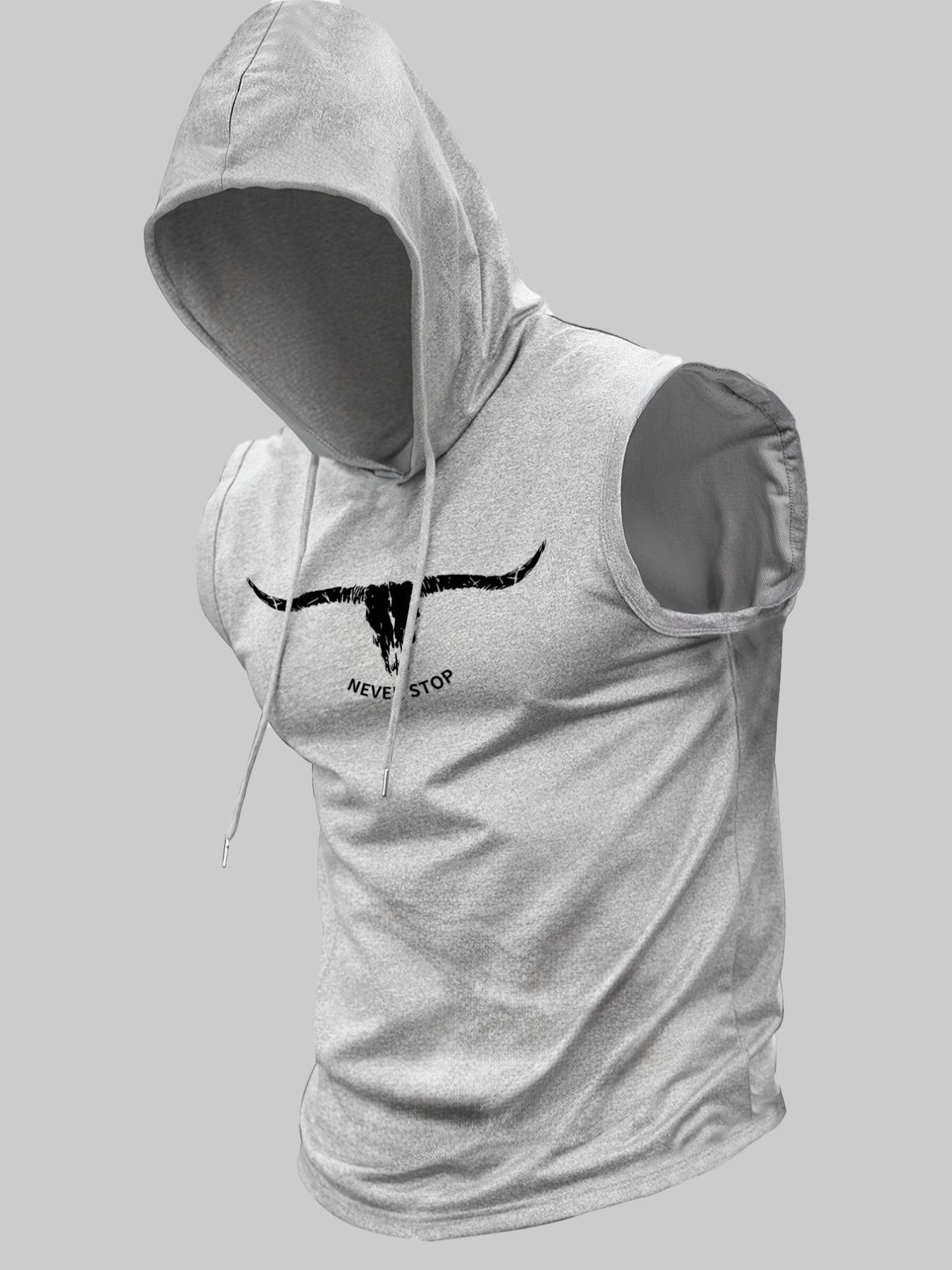 Men's Regular Fit Cartoon Bull Head Print Hooded Tank Top, Casual Comfy Breathable Sleeveless Top for Summer, Fashion Men's Clothes for Daily Wear, Socks