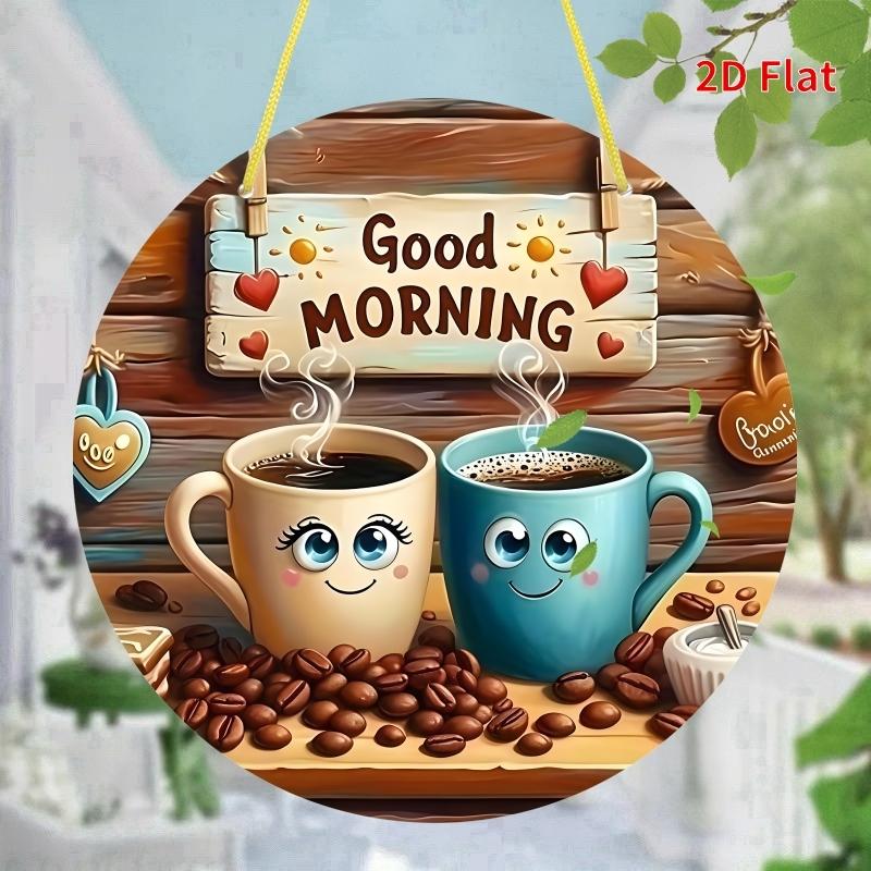 Coffee Cup Pattern Round Wooden Hanging Plaque, 1 Count Cute Coffee Cup Theme Hanging Plaque, Wall Decor for Home Coffee Shop, Hangable