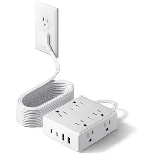 10Ft Extension Cord with Multiple Outlets, Flat Plug Surge Protector Power Strip 10 Ft Long Cord, 8 Outlets & 4 USB Ports (2 USB C), Desk Charging Station for Home Office, College Dorm Room Essentials