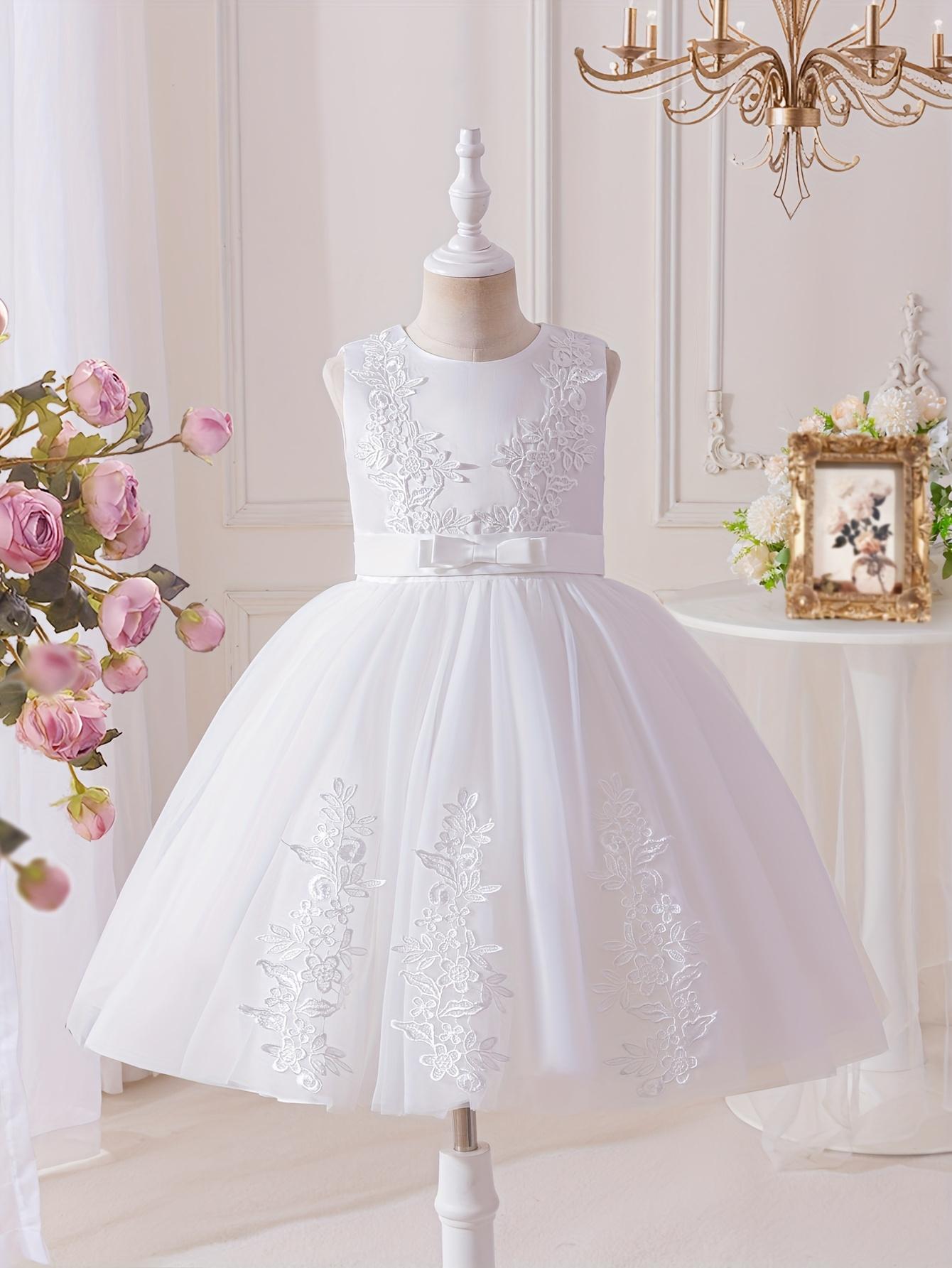 Girls Princess Dress Lace Mesh Flower Girl Wedding Stage Runway Sleeveless Midi Crew Neck Embroidered Tie Back Flared Hem All Season Non Stretch Formal Dresses