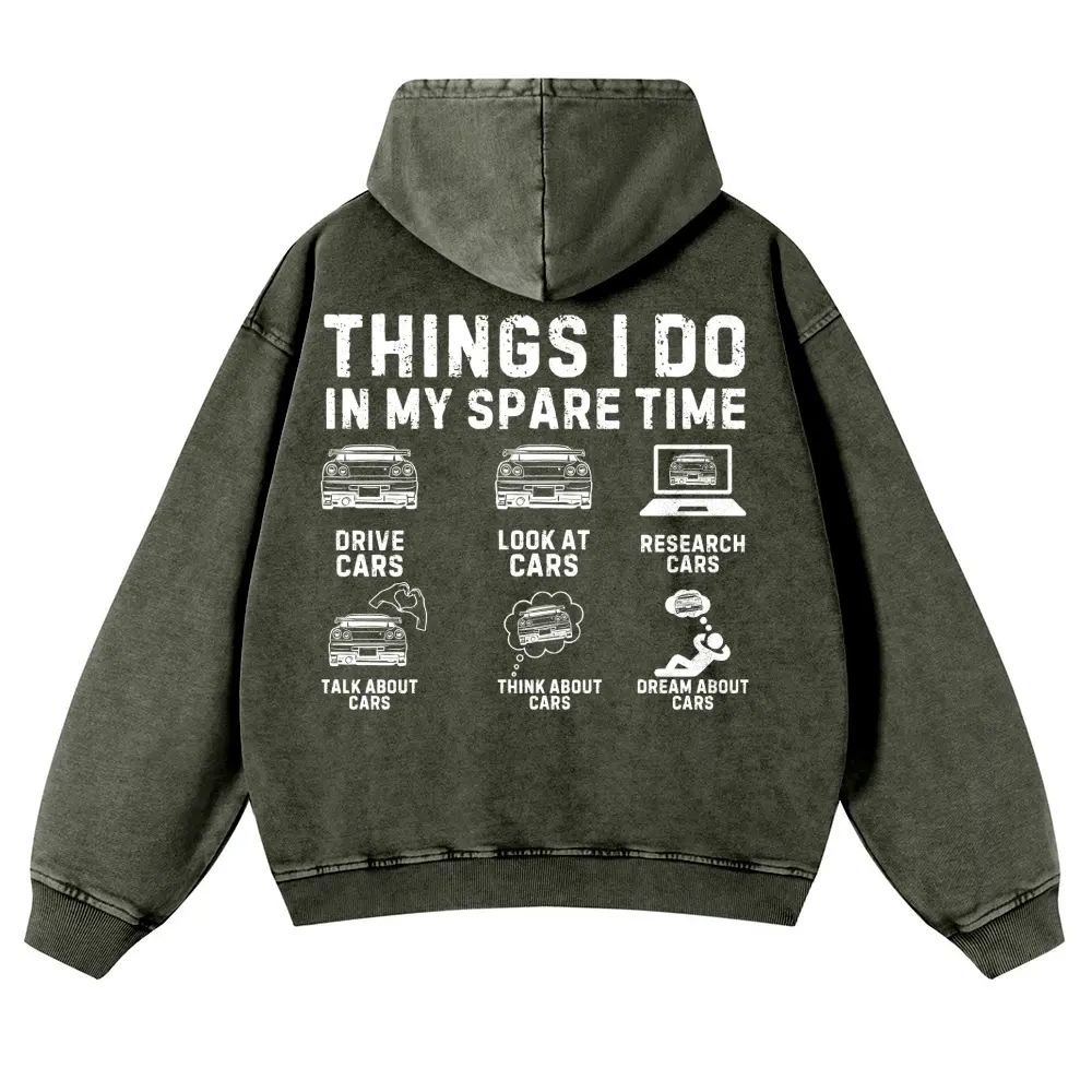 Vintage Acid Wash Black Graphic Hoodie | Unisex Oversized "Things I Do In My Spare Time" Streetwear Pullover | Funny Car Guy Gift JDM GTR Sweatshirt Y2K Aesthetic