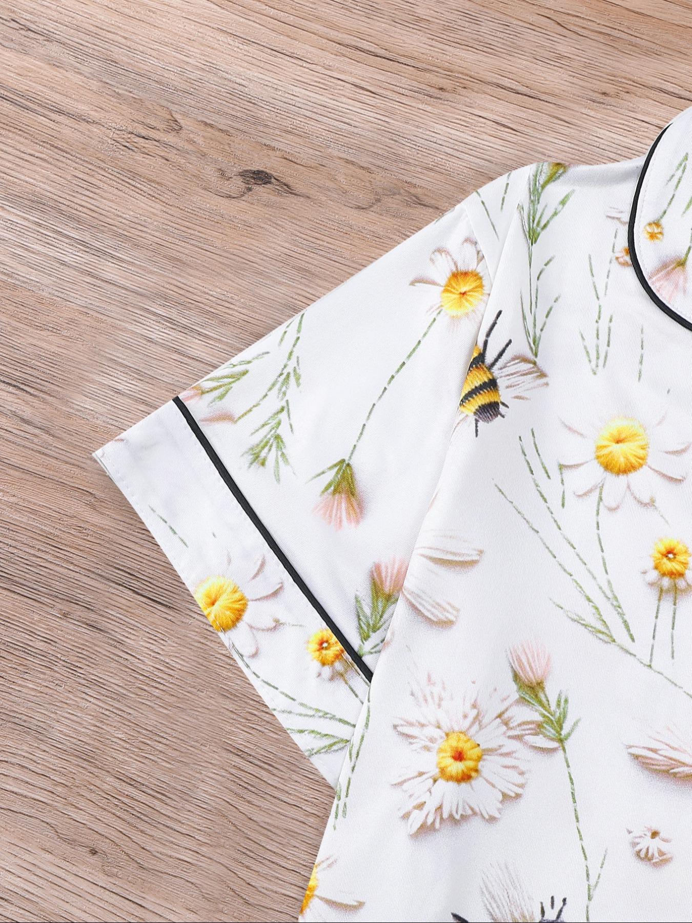 Women's Floral Print Pajama Set, Short Sleeve Button Front Top & Elastic Shorts, Casual Fitted Sleepwear for All Seasons