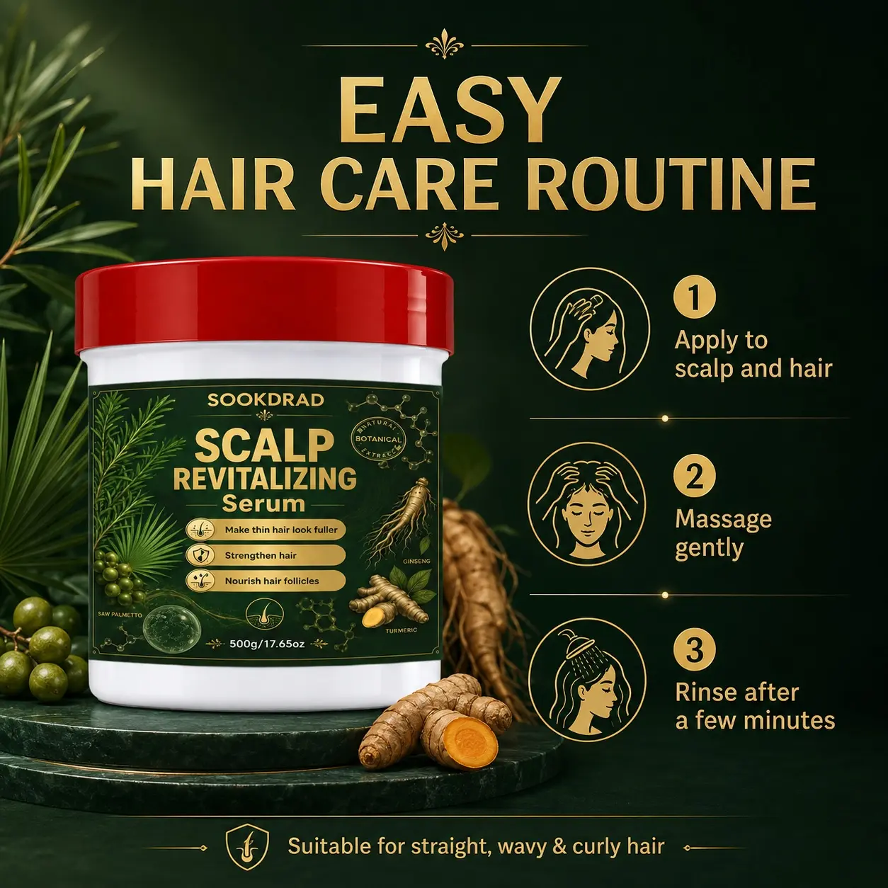 Scalp Revitalizing Serum, Natural Botanical Extract, Saw Palmetto, Ginseng, Turmeric, Strengthen Hair, Fuller Hair Look, Nourish Hair Follicles, Scalp Care, 500g/17.65oz