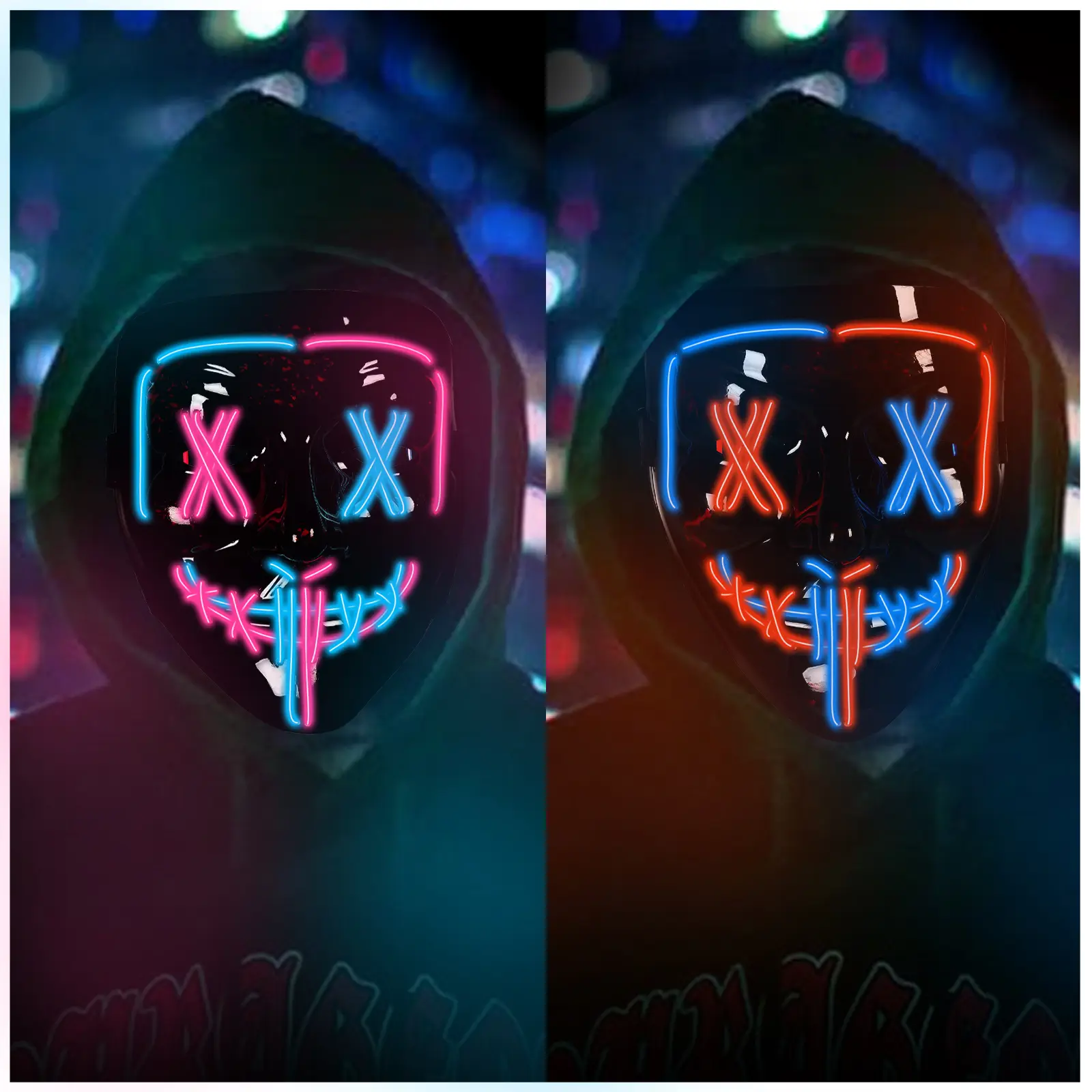 2-Pack LED Light-Up Purge Costume Masks, 3 Lighting Modes, Neon Glow Scary Face Masks for Halloween Cosplay & Masquerade Parties - Ice Blue + Blue/Red