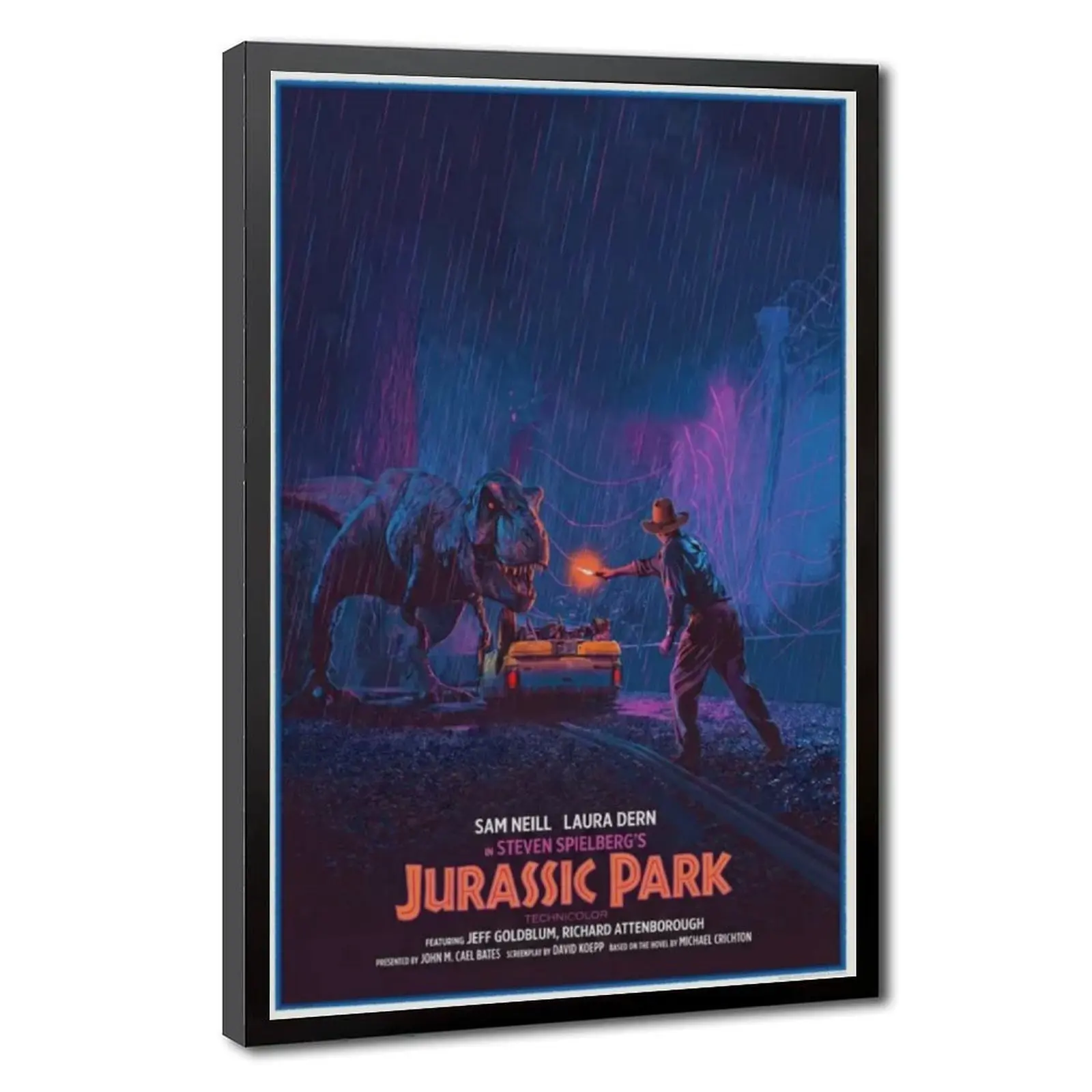 Jurassic Park Retro Neon Rainy Night Scene Canvas Movie Poster Classic Dinosaur Thriller Film Artwork T-Rex Encounter Vintage Alternative Print Man Cave Bedroom Wall Decor