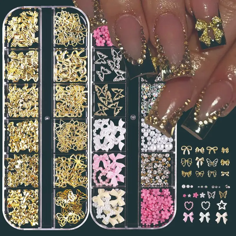3D Millennium Style Nail Art Kit, Includes Rhinestones, Pearls, Butterfly, Bow, Heart, Flower, DIY Nail Decoration Accessories, Glitter Butterfly Designs