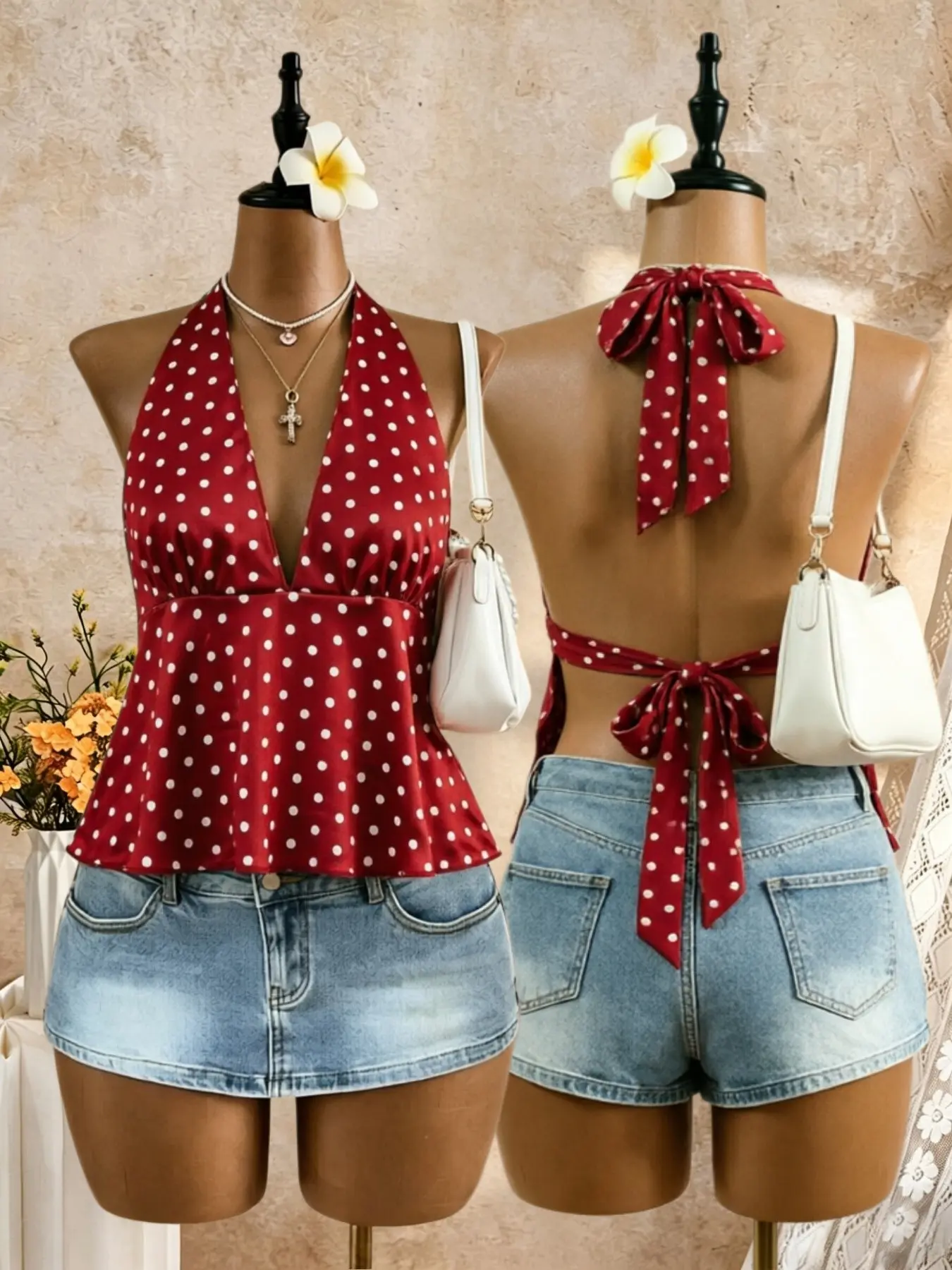 Women's Polka Dot Halter Top, V-Neck Waist-Tied Backless Sleeveless Camisole Vest, Sexy Summer Vacation Camisole Shirts, Slim-Fitting Style