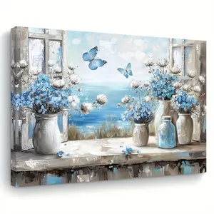 1 piece vintage old window floral bathroom wall decor - pastoral style wooden framed canvas panel, with wrap-around frame, ready to hang and use, suitable for living room, bedroom, kitchen decoration - ideal housewarming gift, 2D flat design, perfectly ma