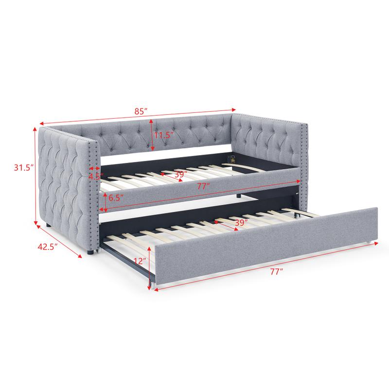 Daybed with Trundle Upholstered Tufted Sofa Bed, with Button and Copper Nail on Square Arms,both Twin Size, Beige(85"x42.5"x31.5")