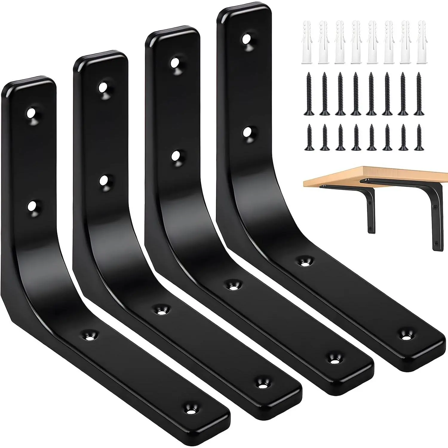 4 x 4 Inch Heavy Duty Metal Shelf Brackets, Corner Support Iron Wall Brackets, Decorative L Brackets for Wood, Black, 4 PCSGift