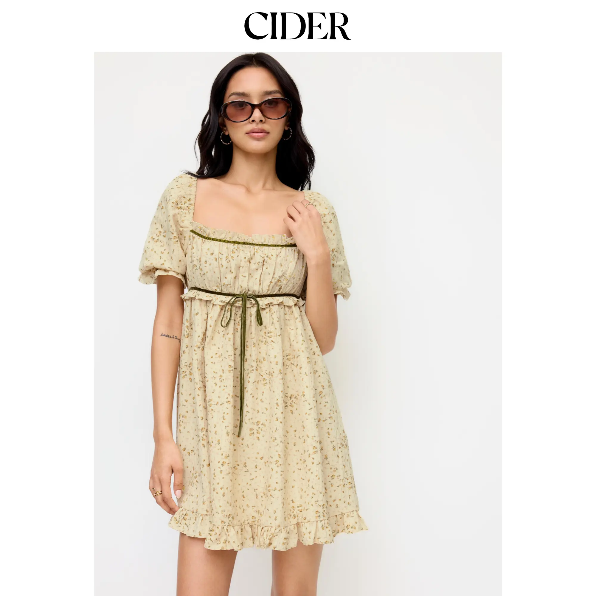 Cider Floral Square Neck Puff Sleeve Ruffled Smock Mini Dress SohoChic