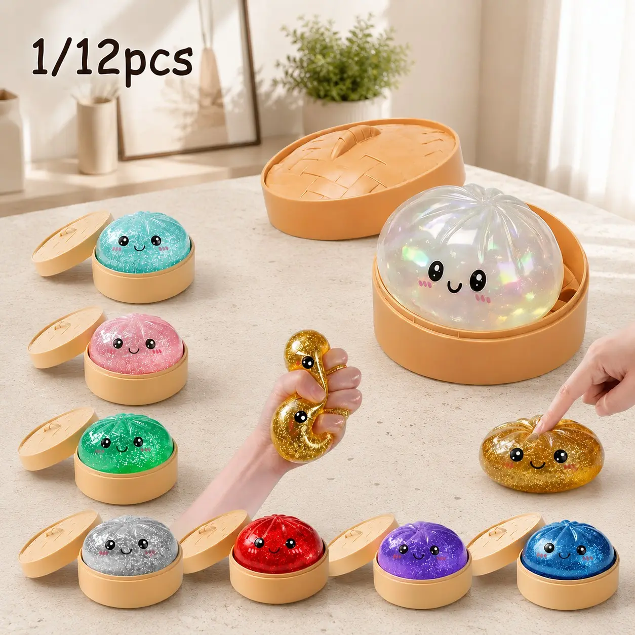 1/12pcs Glitter Dumpling Squishy Comes with Storage Box, Soft Sensory Squeeze Fidget Toy to Ease Daily Tension, Cute Mystery Collectible Pack Elegant Tabletop Display Decor Workplace Relaxation Ornament