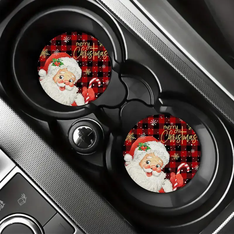 2-Pack Absorbent Ceramic Car Coasters for Cup Holders, Retro Holiday Decor Santa Plaid Design, Camping & Hiking Hammock Trip Accessories