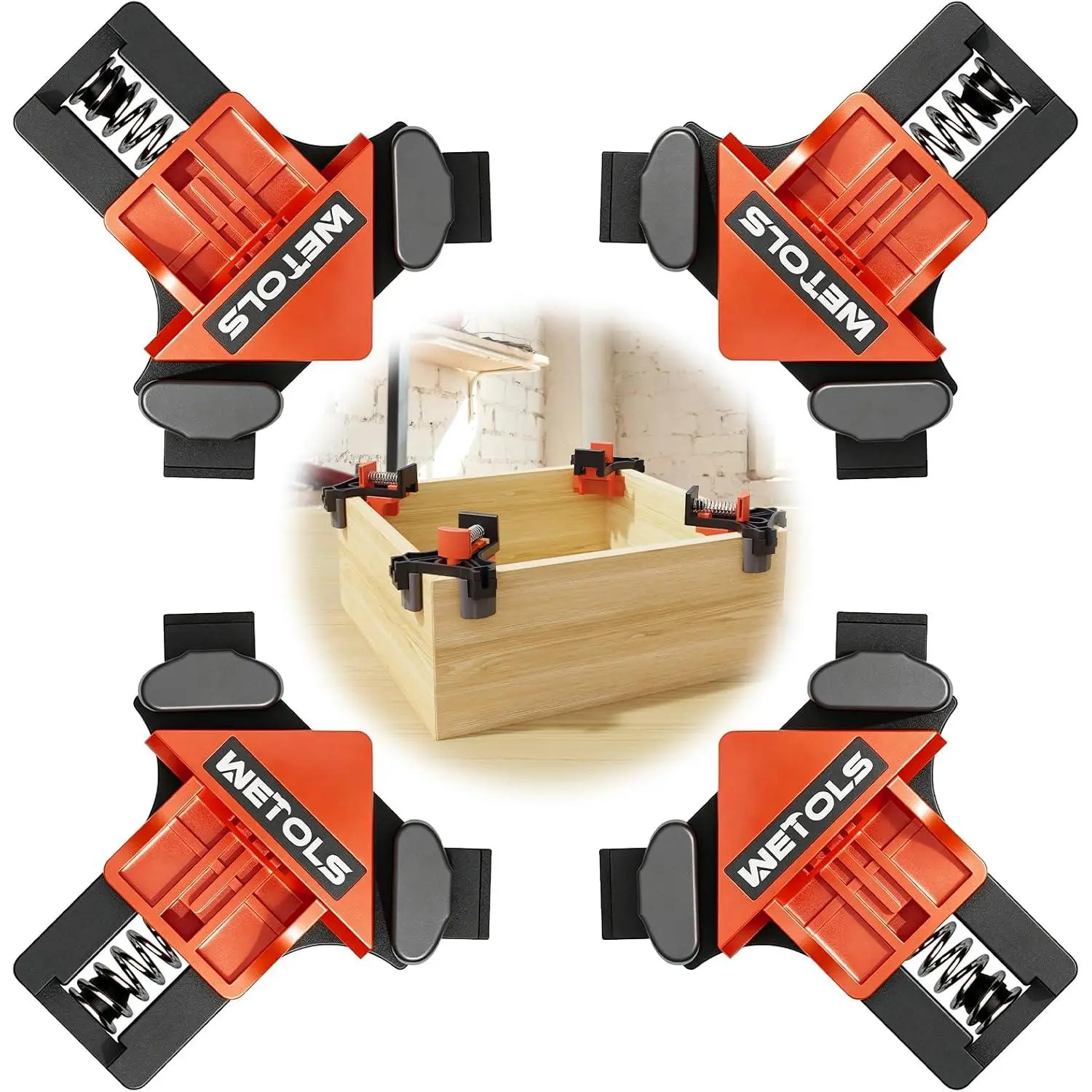 WETOLS 90 Degree Corner Clamp Set, 4 Pcs Adjustable Clamps for Woodworking | 4-Piece Set, 90° Corner Clamps, Fits 3/16"-3/4" Wood, Strong Spring, Easy One-Hand Operation, Durable Polyamide, Gift Box
