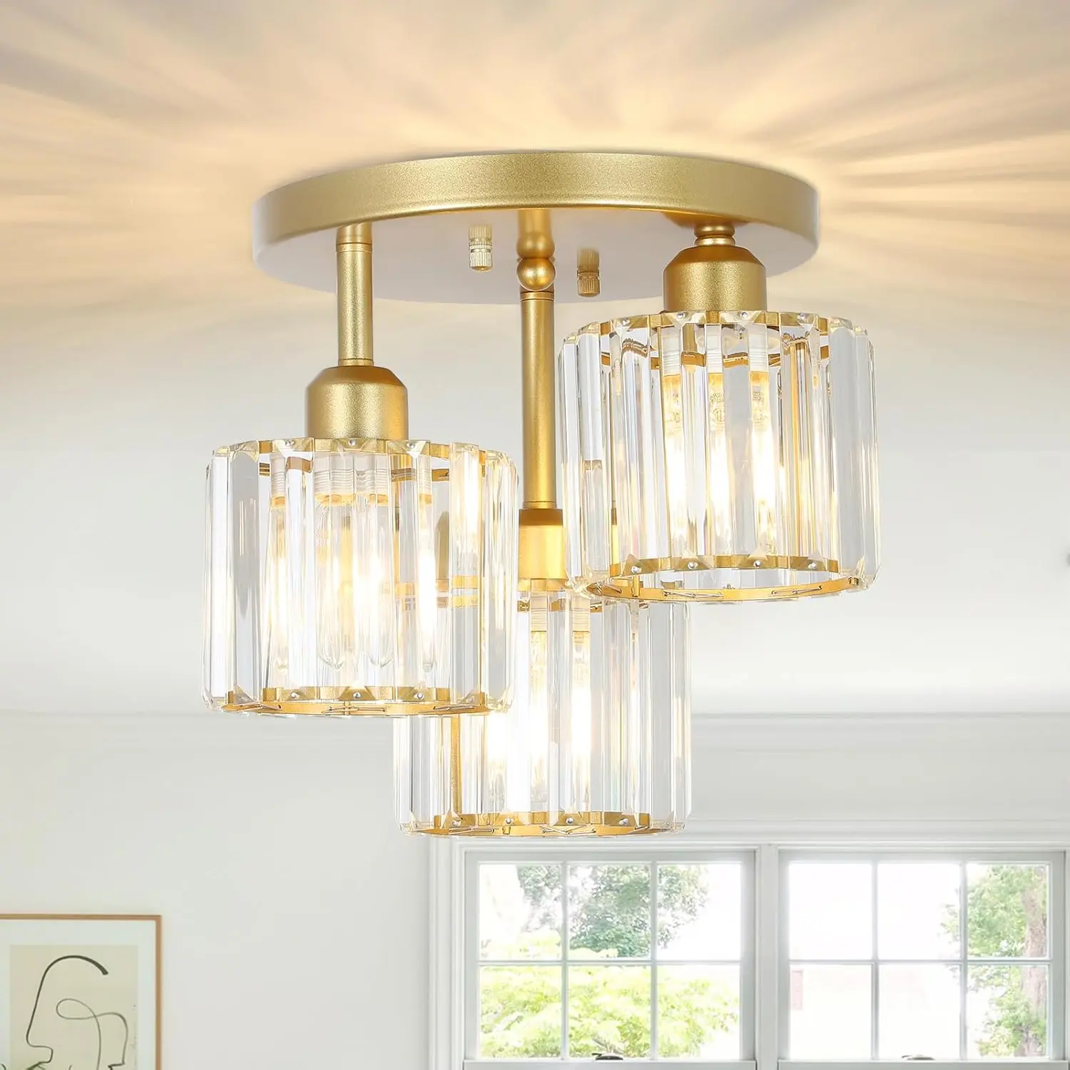 Modern Semi Flush Mount Ceiling Light,3-Light Golden Crystal Close to Ceiling Light Fixtures,Kitchen Light Fixtures with Clear Crystal Shade,Hallway Light Fixtures for Hallway Bedroom Bathroom