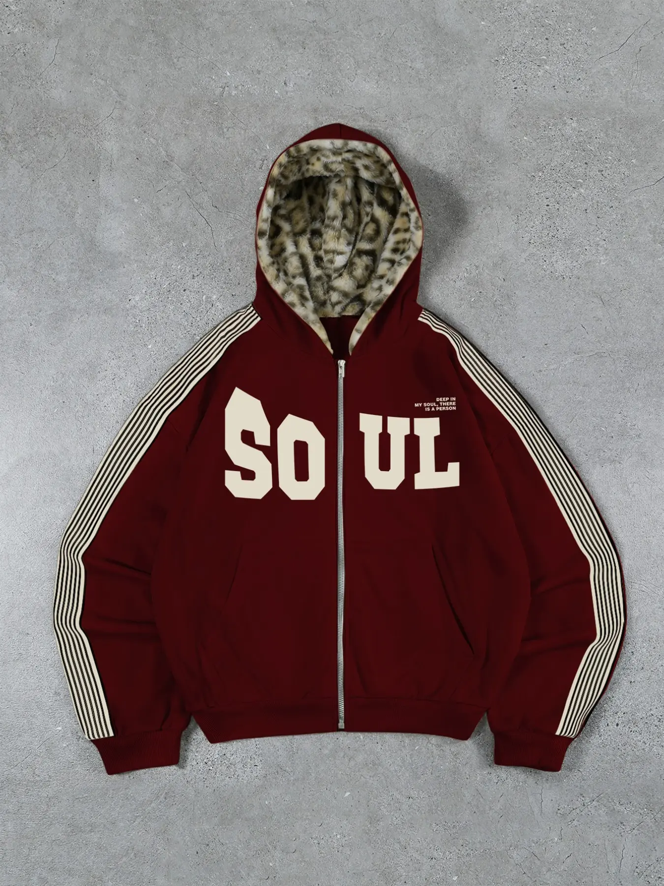 Autumn Winter Lazy Leopard Print Inner Wine Sweatshirt, Colorblock Striped Sleeves, Soul Letter Loose Fit Hoodie