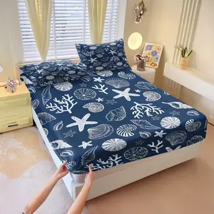 3Pcs Marine Life Pattern Fitted Sheet Set, Breathable Sheets, Blue Bedding Set, Soft Skin-Friendly Microfiber Fabric, Cozy Breathable, Perfect Home Decor, Ideal Gift for Ocean Lovers. Includes 2 Pillowcases, No Pillow Core