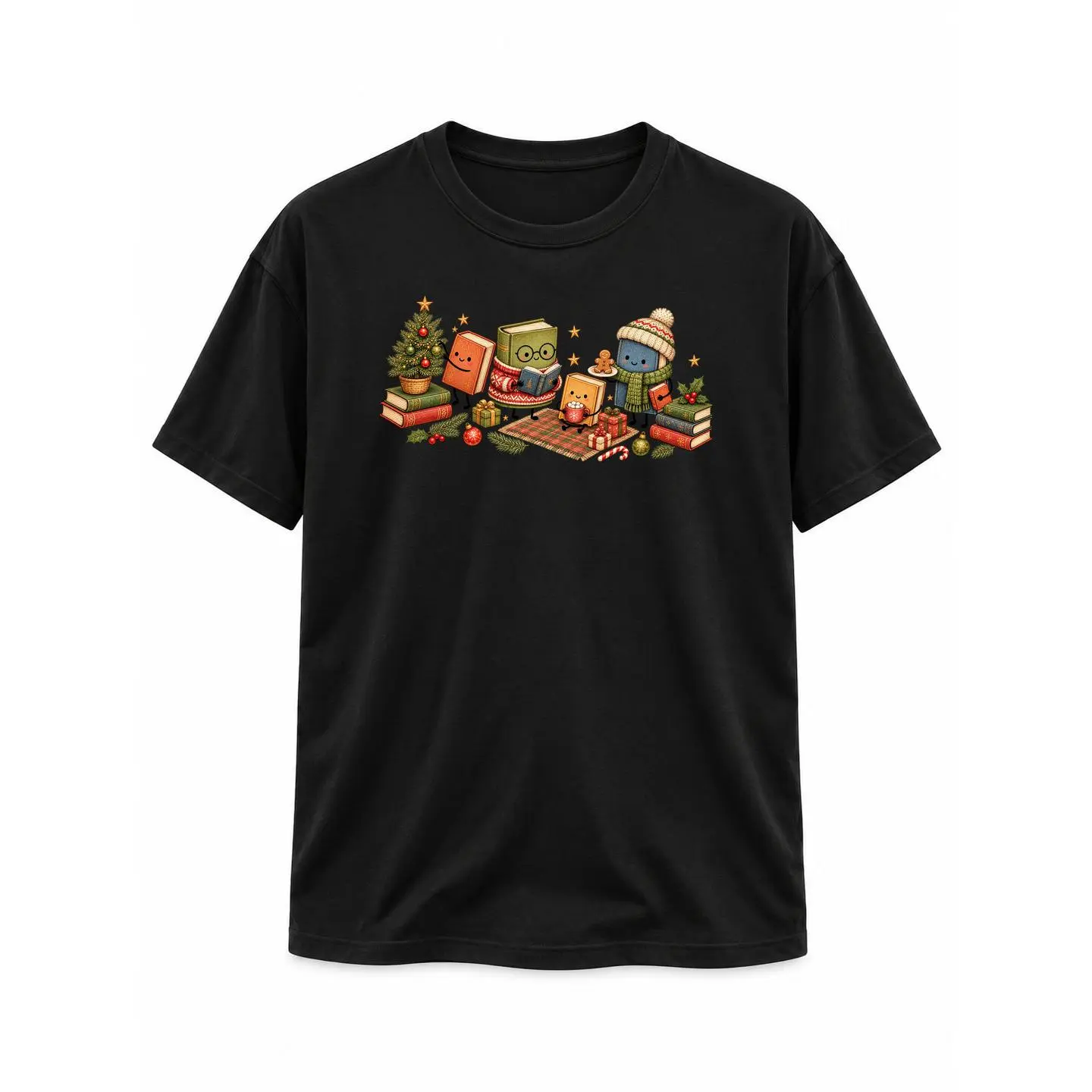 Cute Christmas Book Club Graphic T-Shirt, Cozy Book Lover Holiday Tee, Kawaii Reading Books & Christmas Tree Print, Festive Bookish Winter Shirt, Unisex Black Short Sleeve Top