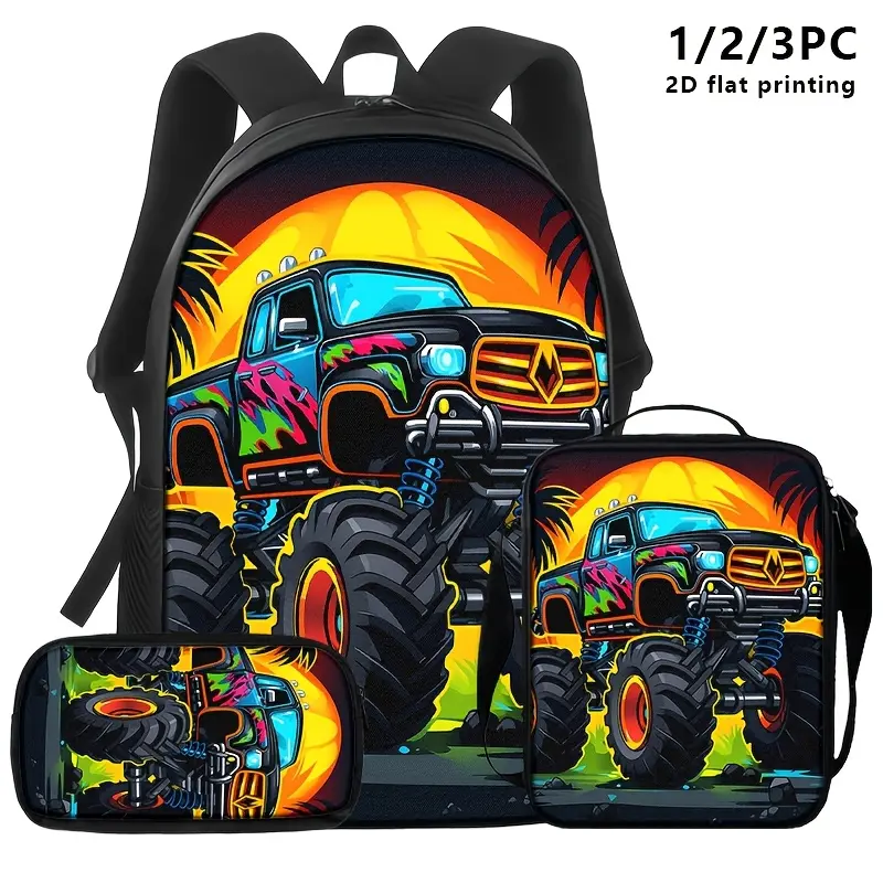 1pc/2pcs/3pcs Backpack, Shoulder Bag, Pouch with Vibrant Monster Truck 2D Print; Urban Street Style, Ideal for Young Adults on Commutes, Outings, or Travel., 2D Flat