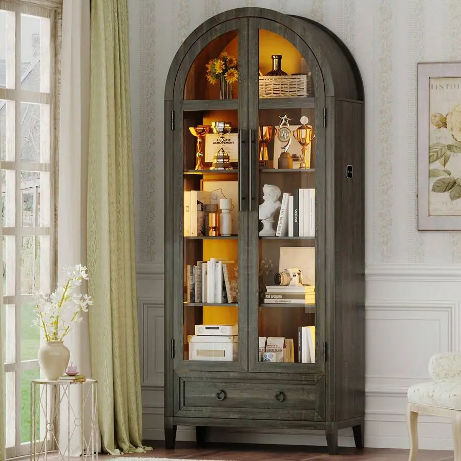 Tall Arch LED Display Cabinet with Glass Doors - MDF Wood 4-Tier Curio Cabinet with Drawer, 73" LED Lighting Storage for Collectibles, Bookcase for Living Room Office, Black White