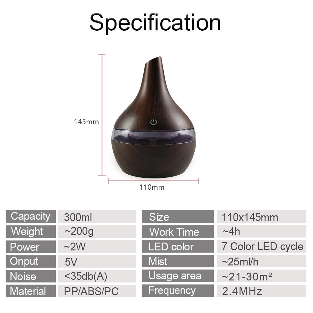 300ml USB Humidifier & Essential Oil Diffuser, Wood Grain Design  Cool Mist for Home, Office, Desktop  Includes 2 Aroma Oils