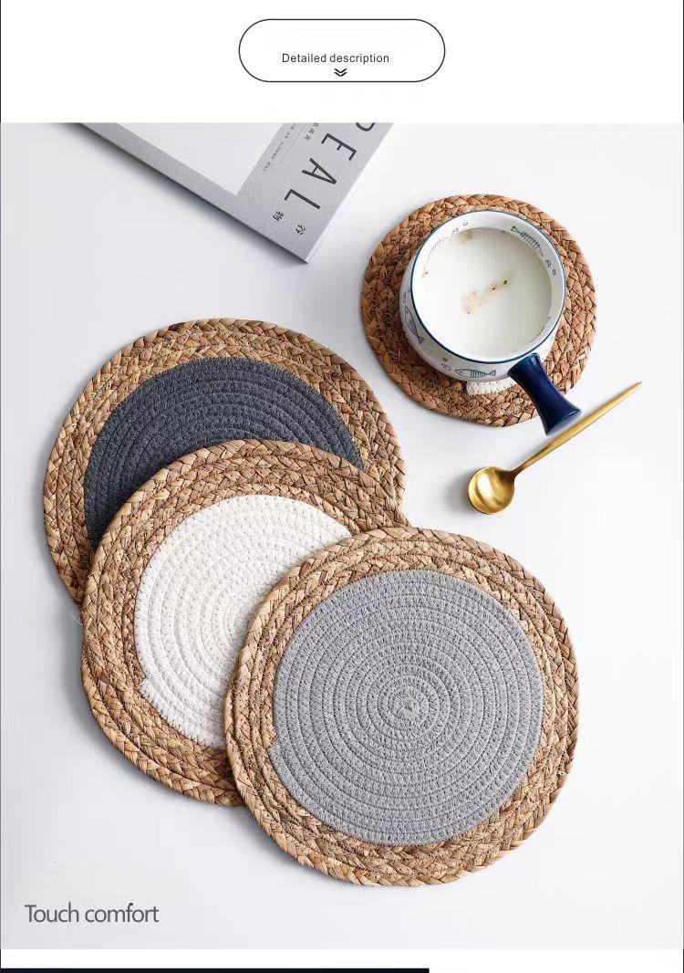 Warm-toned natural grass woven placemats, cotton rope heat-insulating placemats, decorative forest-themed coasters and plate mats