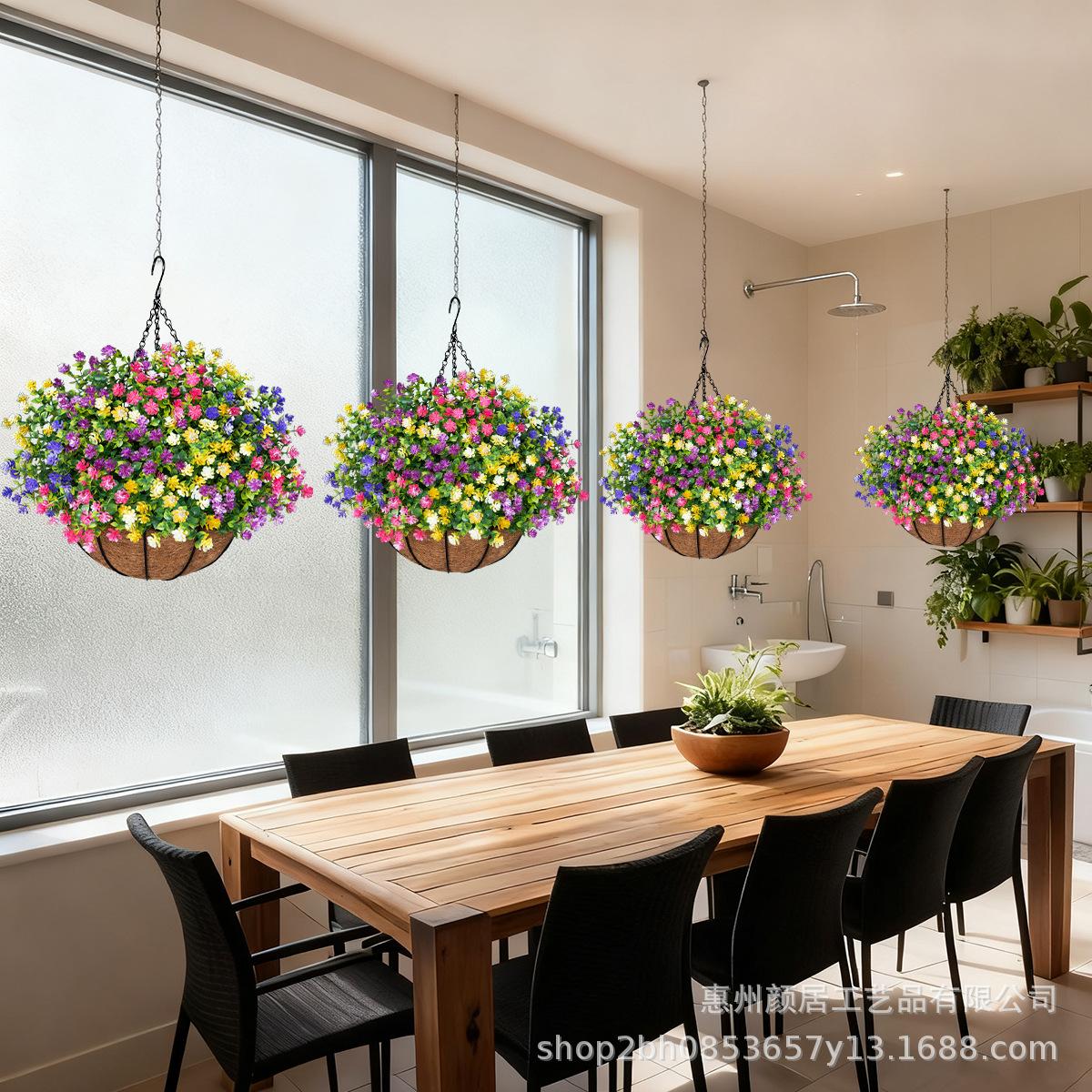 Artificial eucalyptus, camellia, and coconut palm flower baskets, hanging baskets, artificial flowers for home, garden, outdoor, and festive decorations