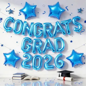 2026 Congrats Grad Balloons 16 Inch Blue Foil Mylar Balloon Banner Sign for High School College Graduation Party Decor Supplies