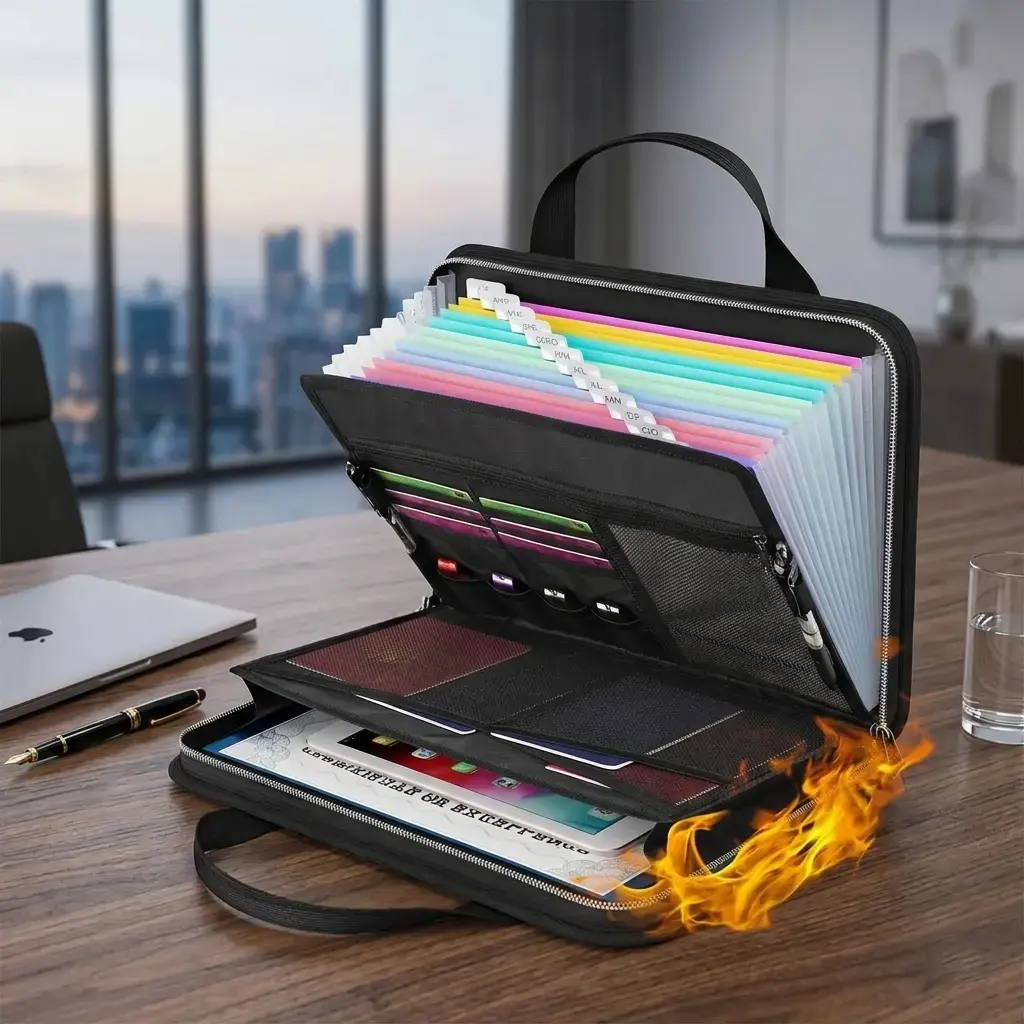 1Pc Fireproof Expanding File Organizer and Document Bag, Large-Capacity Accordion Multi-Pocket Folder with Handle for A4 Paper Storage
