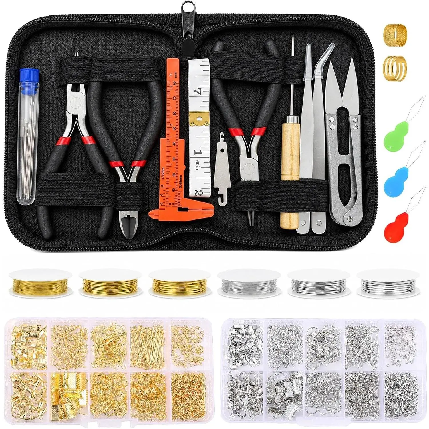 DIY Beading & Jewelry Making Kit - Anti-Rust Copper Repair Tools with Pliers, Beading Wire, Craft Wire, Jump Rings, Findings for Necklace, Bracelet Creation & Repair
