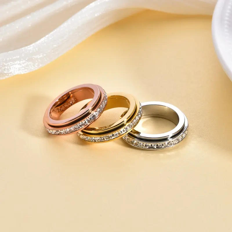 Rotatable Full Zircon Spinner Ring For Women, Three Tone Stainless Steel Stress Relief Fidget Band, Shiny Crystal Stackable Statement Finger Jewelry Daily Matching