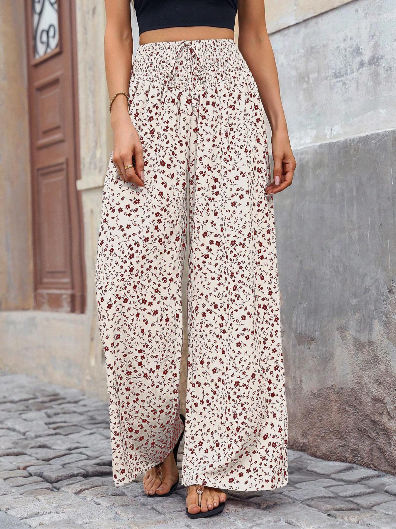 Plus Size Ditsy Floral Print Shirred Tie Front Wide Leg Pants, Boho High Waist Trousers for Beach Vacation Holiday, Women's Bottoms for Summer