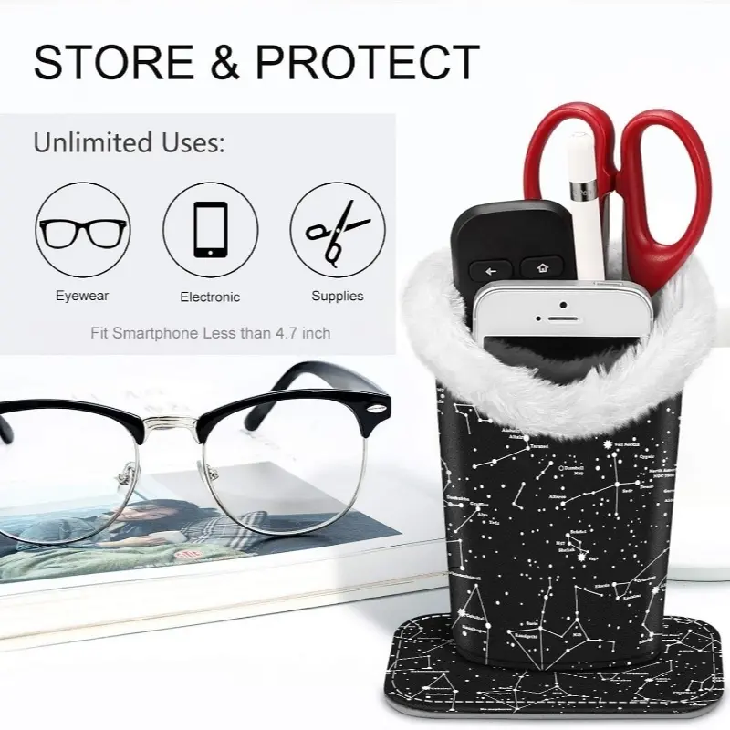 Constellation Print Eyeglasses Holder Pen Cup with Fluffy Lining, Anti-Scratch Glasses Storage Stand, Desktop Eyewear Organizer for Nightstand Office Bedroom