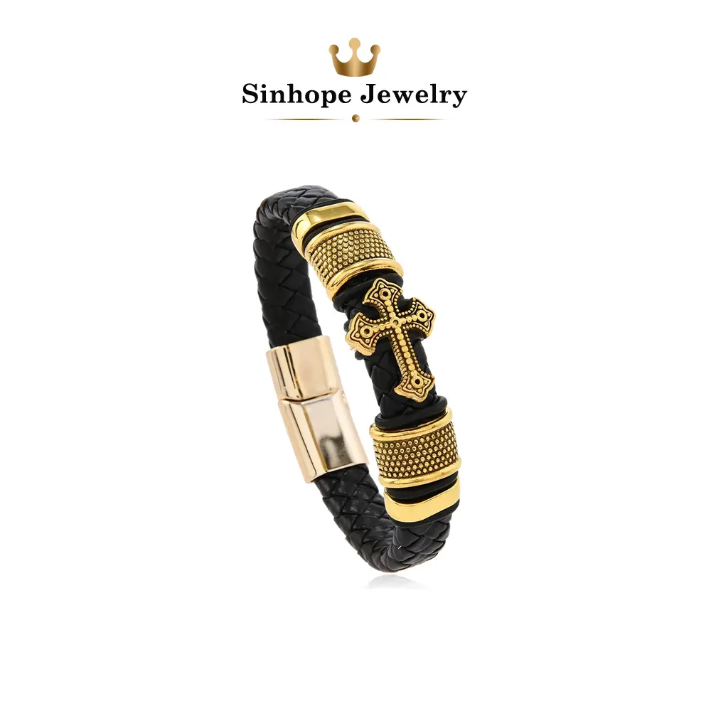 Mens Braided Black Leather Cross Bracelet, Gold Tone Engraved Cross Wrist Cuff, Magnetic Buckle Casual Religious Bangle, Trendy Punk Faith Jewelry Gift for Father Boyfriend