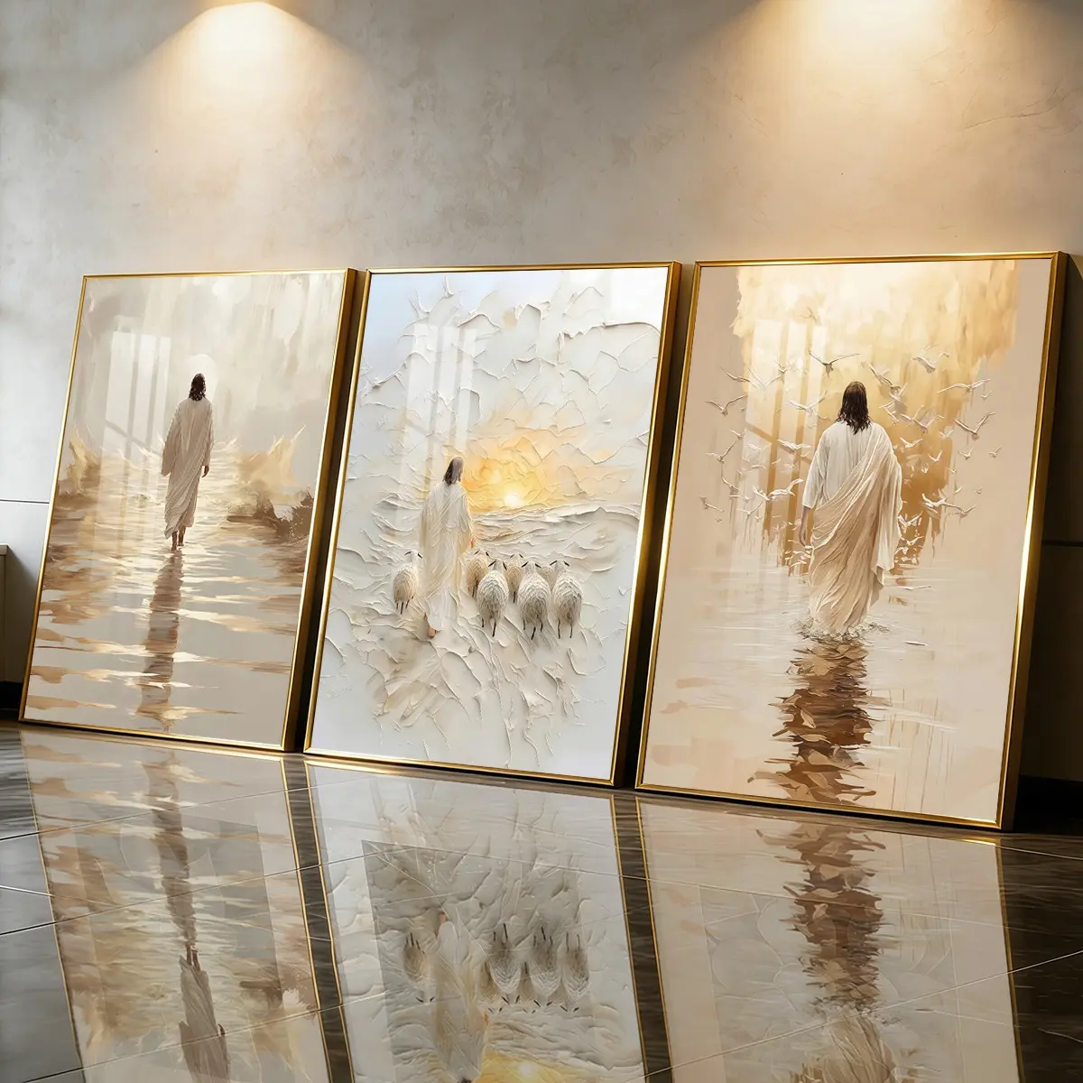 3 Count Aluminum Alloy Frame Canvas， Religious Jesus Shepherd Art Fashion Poster， Modern Living Room Decoration， Light Luxury Family Art， Suitable For Bedroom， Corridor And Office Wall Decor， Gift