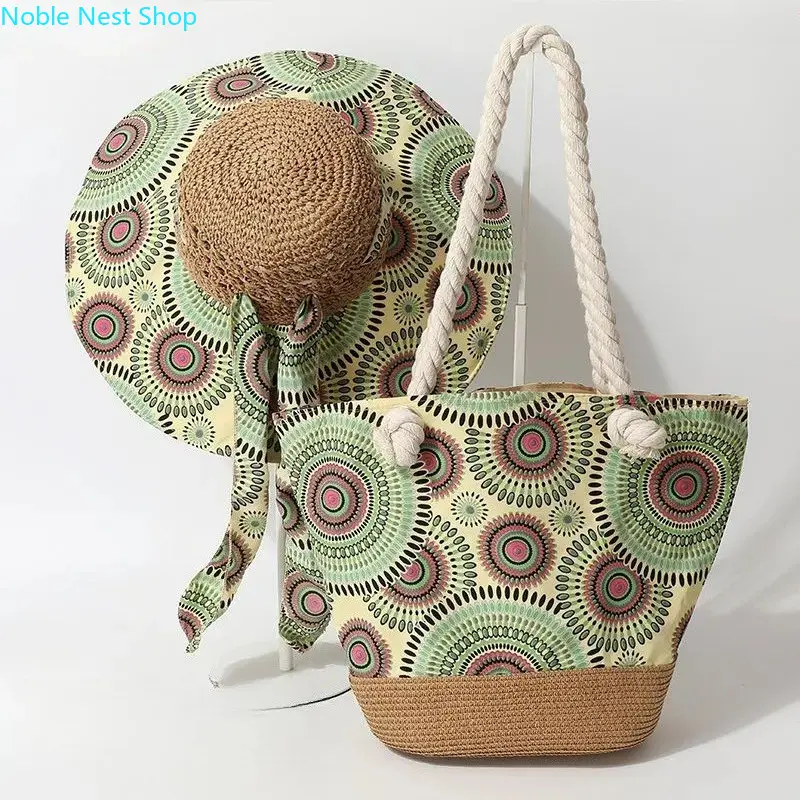 Boho Matching Straw Accessory Set, UV Wide Brim Sun Hat + Convertible Crossbody Woven Straw Tote Bag, Summer Vacation Kit for Beach Seaside & Daily Shopping
