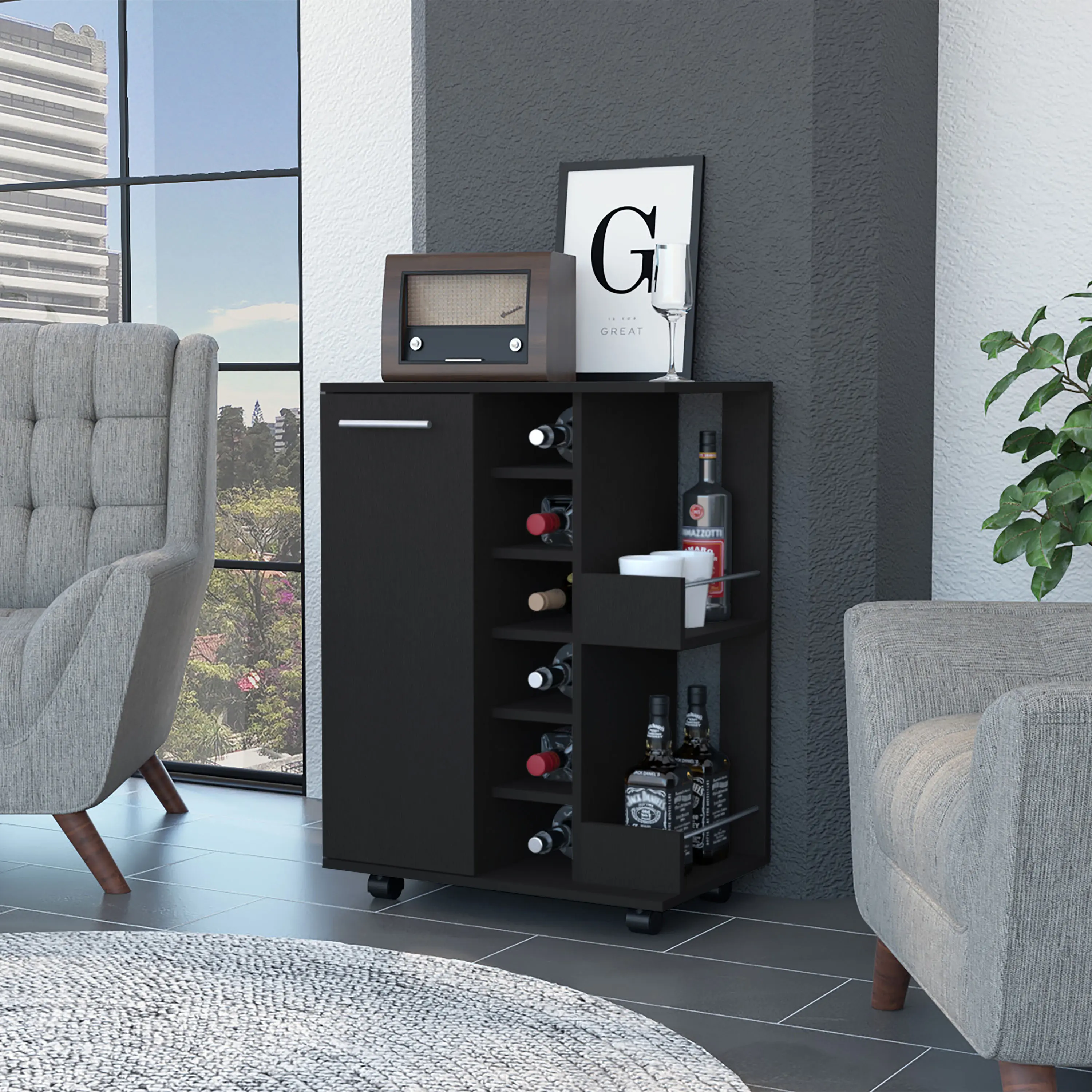 Nokaa Bar Cart with Cabinet and Shelves, Black Engineered Wood Rolling Liquor Cart, 6 Cubbies for Bottles, Lockable Casters, Modern Storage Cart for Living Room, Kitchen, Dining Room, Home Bar, 23.6"W x 14.8"D x 32.3"H