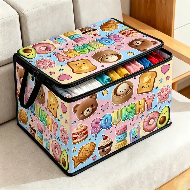 Foldable Zipper Box with Squishy Fun Pattern, Folding Storage Box, Rectangular Container for Travel, Moving, Clothes, Bedding, Room Organization