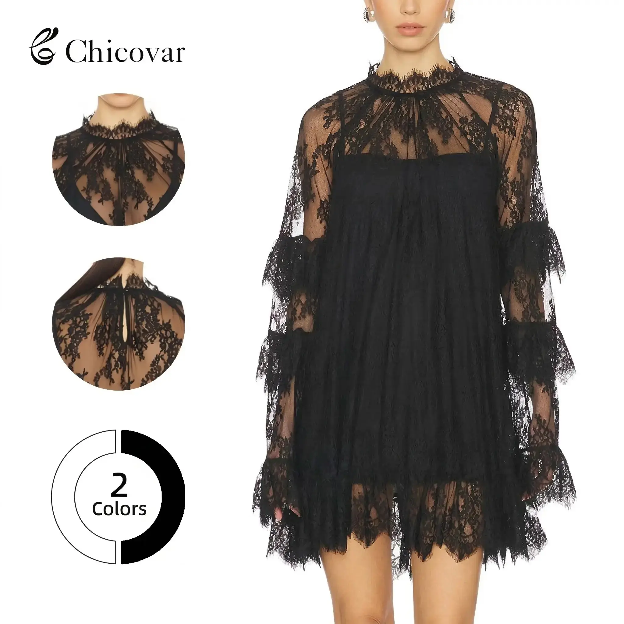 Women’s Sheer Black Lace Mini Dress, Long Sleeve Crew Neck Elegant Cocktail Dress with Ruffled Hem,Easter dress, Slim Fit Party & Evening Wear