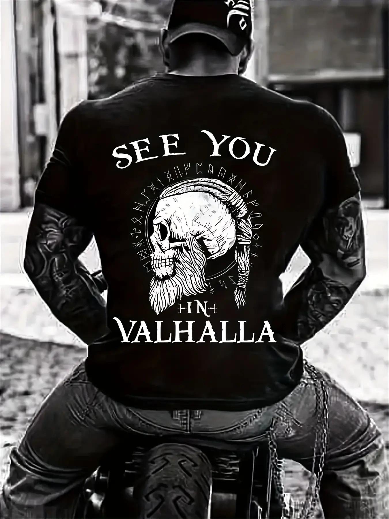 Men'S Breathable cotton Short-Sleeve T-Shirt - Features an All-Over Viking Skull And Valhalla Graphic Print, Designed in a Sporty Street Style Suitable for Running And Casual Wear, Machine Washable with a Regular Fit, Vibrant Lifestyle