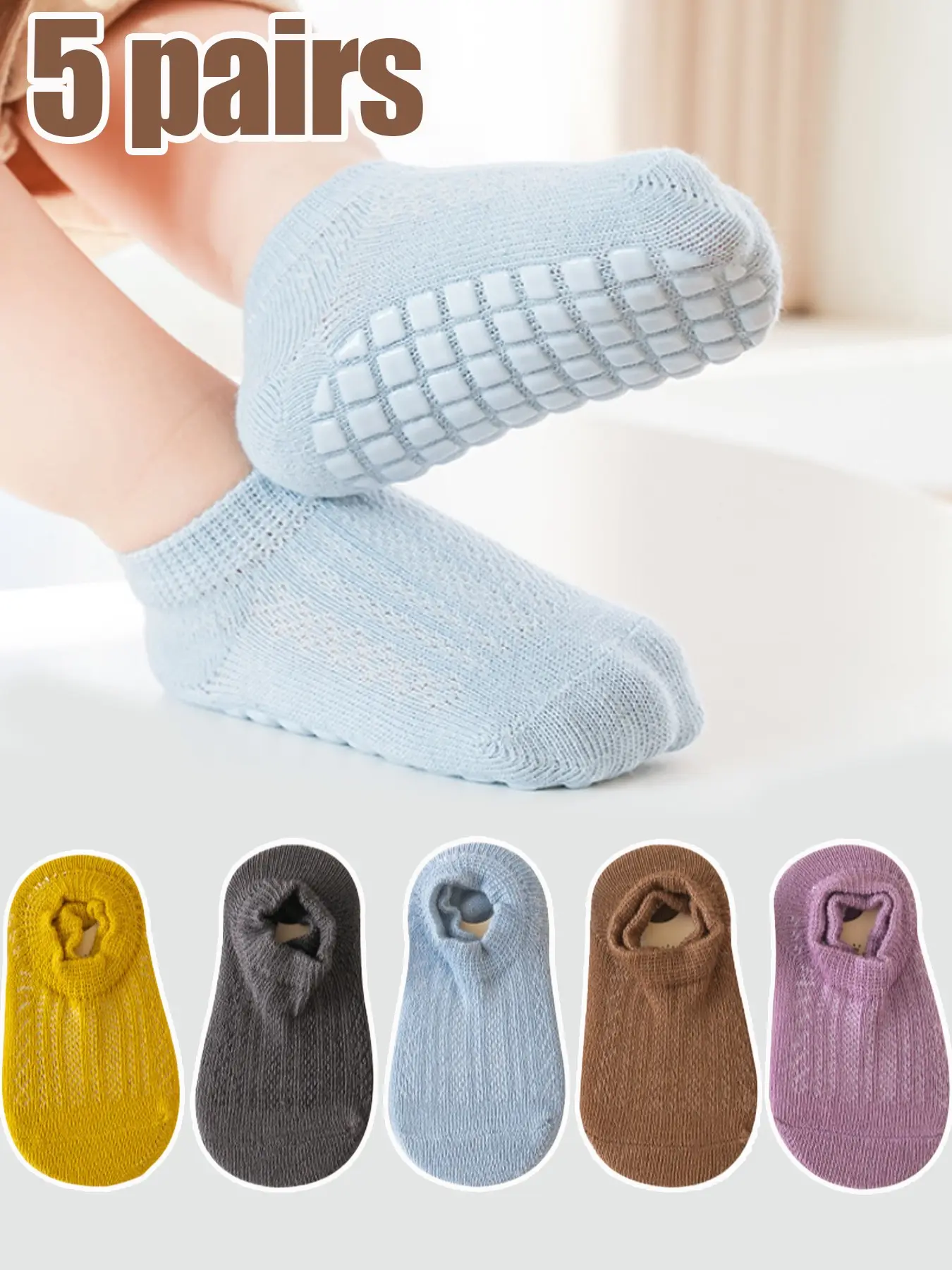 5 Pairs Baby Non-Slip Socks, Infant Walking Safety Socks, Summer Thin Mesh Short Cuff, Boneless Loose Fit Baby Socks, Toddler Grip Socks, Kids Anti-Slip Footwear, Toddler Socks With Grips