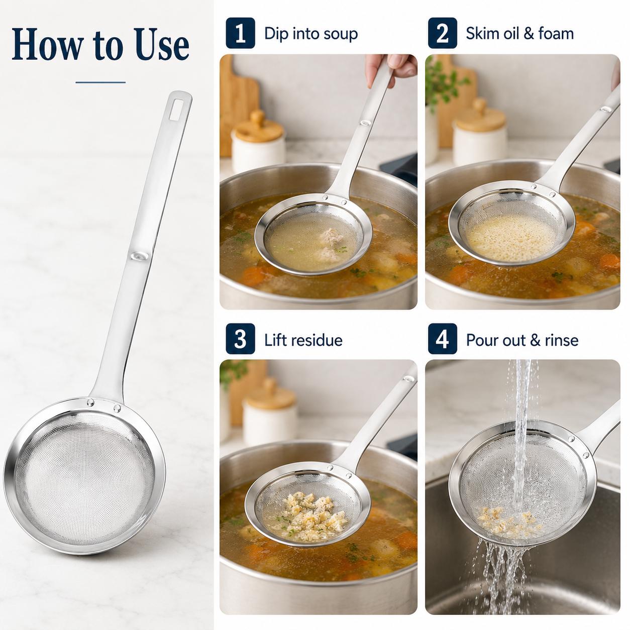Large Stainless Steel Mesh Colander Strainer with Handle - Functional Grease Filter, Efficient Kitchen Cooking Accessory for Oil Residue Filtering
