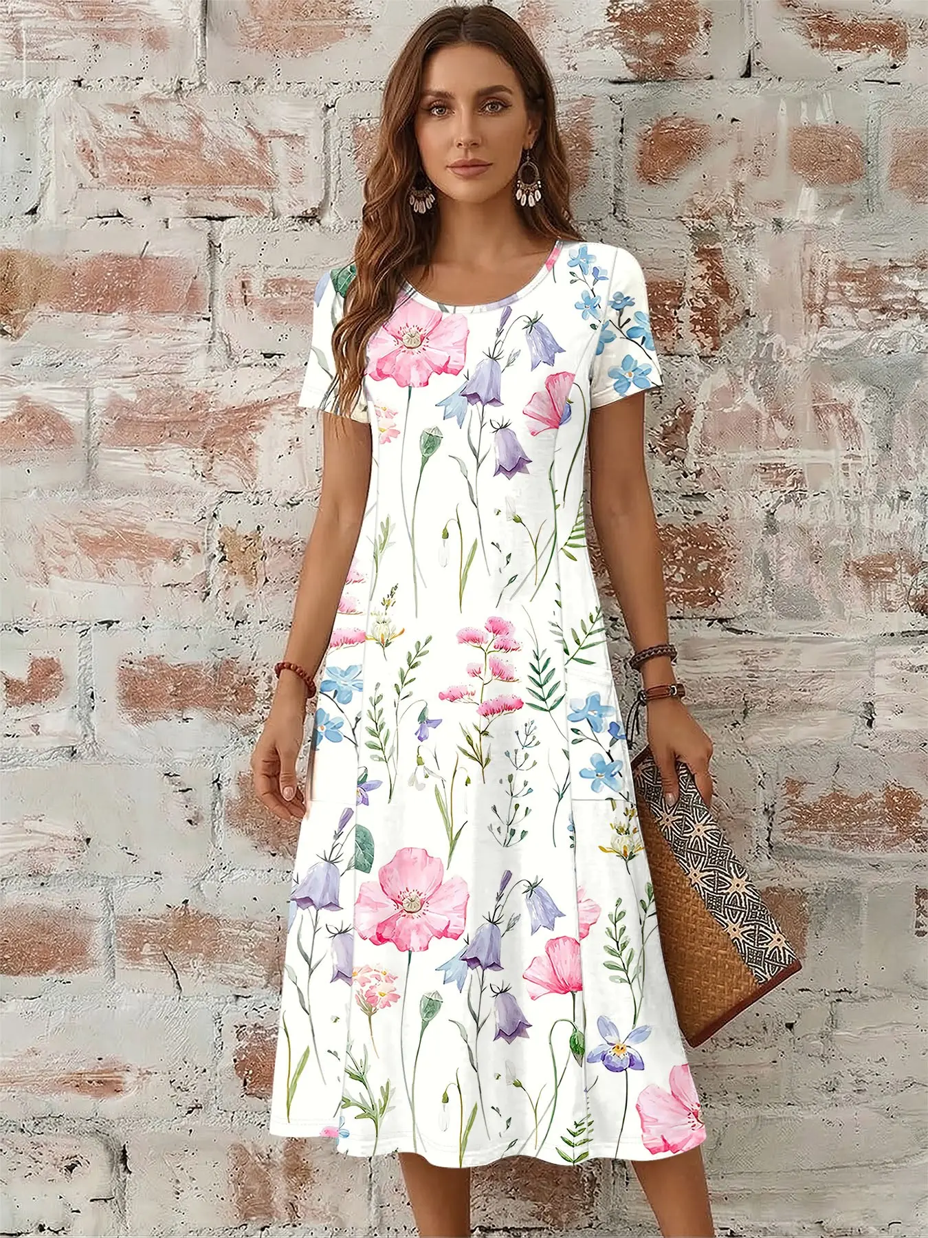 Fresh Floral Dress for Women, Summer Round Neck Short Sleeve Loose A-Line with Pockets, Casual Mid-Length Dress, Elegant Style