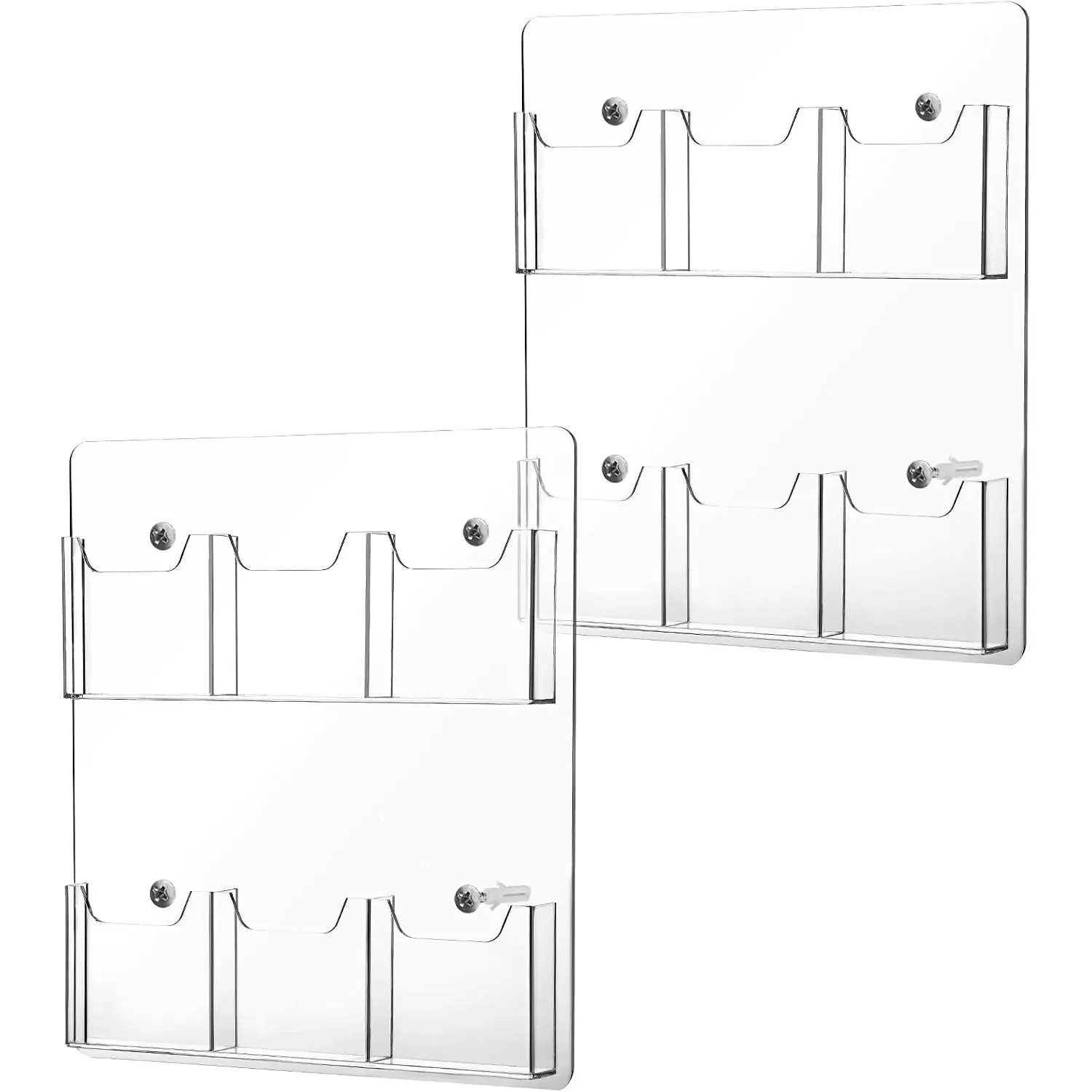 2 Pack Clear Acrylic Wall Mount Brochure Holder - Trifold Pamphlet Flyer Literature Display Rack with 6 Pockets for Office Waiting Room, 15 x 13 Inch