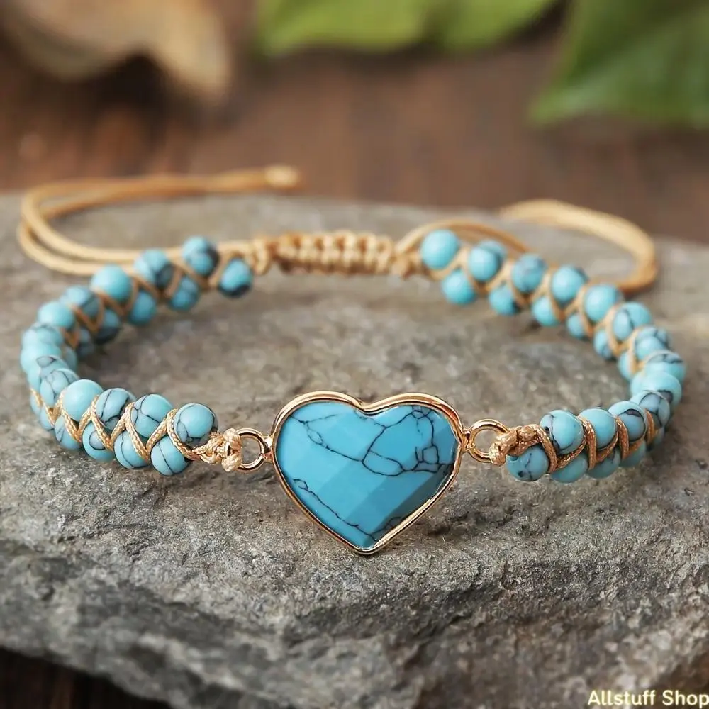 Women’s Turquoise Heart Bracelet - Handwoven Bohemian Rope Jewelry with Natural Turquoise Stone, Stainless Steel Decor, Flexible Wrap, Bohemian Look for Daily Styling, Sentimental Birthday Gift for Female Wearers