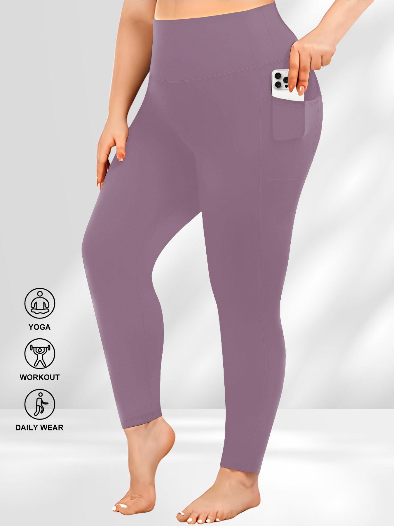 Plus Size Solid High Waist Sports Comfy Gym Workout Leggings with Pocket, Summer Outfits, Casual High Stretch Skinny Pants for Women, Soft Comfortable Women's Bottoms for All Seasons, Stretchy Workout Leggings