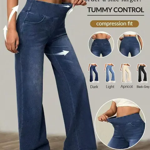 Women's High-Waisted Long Elastic Denim Jeans Wide-Leg Pants, Comfortable Stretch Waist, Fit, Casual Daily Everyday Wear, Durable Material