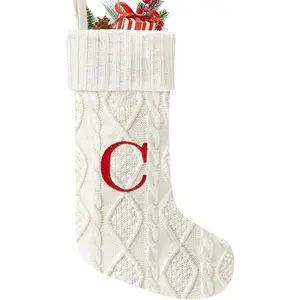 21 Inches Knitted Christmas Stockings with Initials, Large White Custom Monogram Embroidery with Letter, Personalized Xmas Decoration for Holiday Family Party