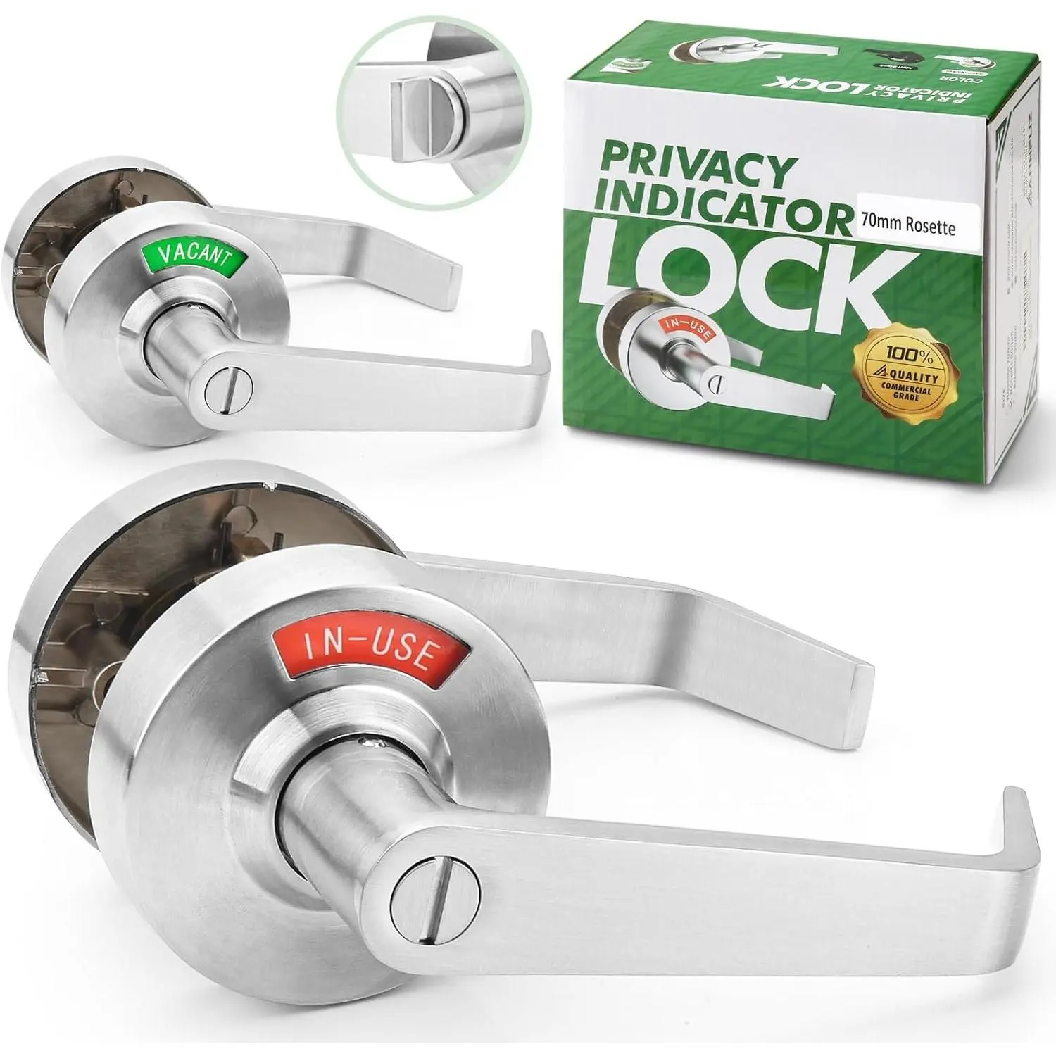 Keyless Door Handle Lock with in-Use Or Vacant  for Men/Women Restroom,Commercial Grade,Vacancy Occupied Sign Bathroom Door, for Public Washroom(70mm,Brushed Nickel)